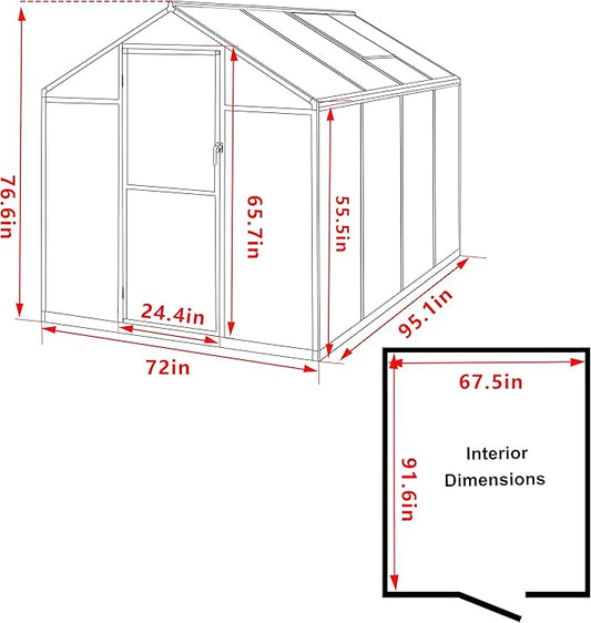 BlueWish 6x8FT Greenhouse, Walk-in Green House with Adjustable Vents, Rivet Structure, Greenhouses for Outdoors with Polycarbonate, Aluminum Heavy Duty Greenhouse Kit for Garden, Gray