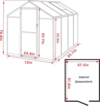 Mupater 6x8 FT Aluminum Frame Greenhouse, Heavy-Duty Polycarbonate Greenhouse with Lockable Door and Adjustable Roof Vent, Walk-in Green House Kit for Outdoors, Garden, Lawn, Backyard, Grey
