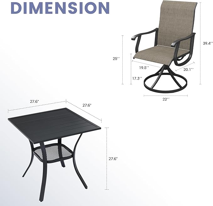 VICLLAX 3 Pieces Outdoor Dining Set, Patio Furniture Set of 2 Patio Swivel Dining Chairs and Small Dining Table with Storage Shelf, Mixed Brown Chairs & Black Tabletop