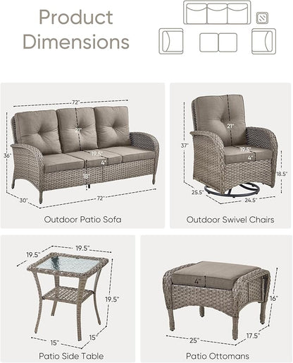 HUMMUH 6 Pieces Outdoor Patio Furniture-PE Rattan Wicker Sofa with Patio Swivel Rocking Chairs Patio Furniture for Deck Lawn Porch Balcony Poolside-Grey/Grey