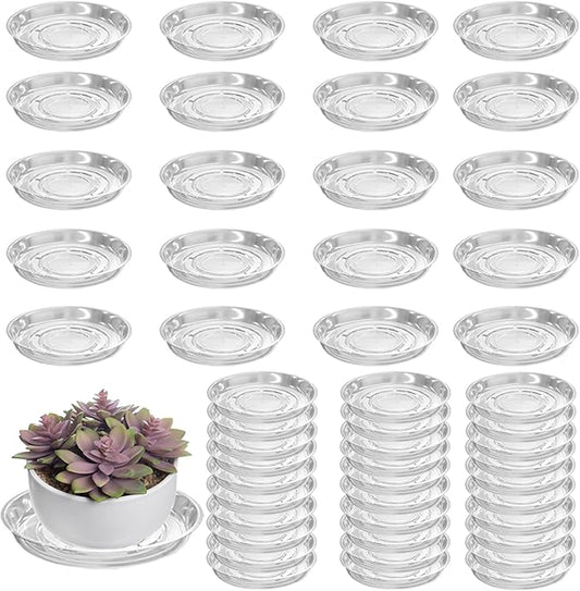 50 Packs 4" Small Clear Plant Saucers for Indoor Outdoor Use Heavy Duty Plastic Plant Trays for Planter Bulk Flower Pot Drip Trays to Catch Water, 4 to 20 Inch, Round Transparent