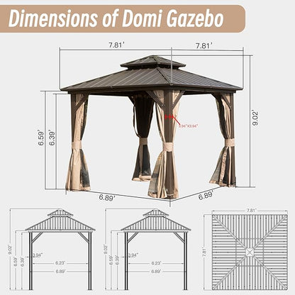 Domi 8' x 8' Hardtop Gazebo Permanent Metal Gazebo with Galvanized Steel Double Roof, Curtains and Netting for Party, Wedding, Outdoor Dining, Patio, Backyard, Brown