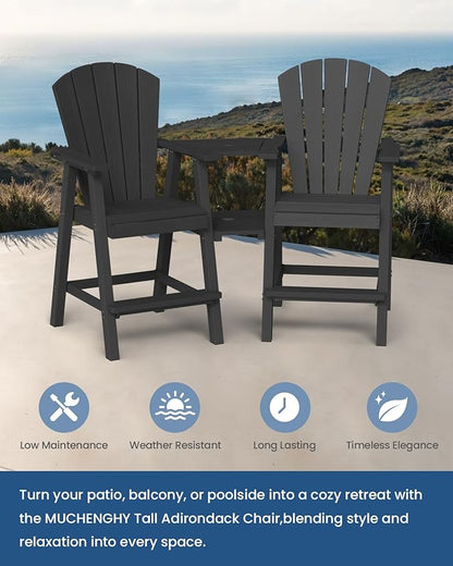 Ciokea Tall Adirondack Chairs Set of 4, HDPE Outdoor Adirondack Bar Stools with Double Connecting Tray, Weather Resistant High Back Adirondack Balcony Chairs for Deck, Lawn, Pool, Backyard, Black