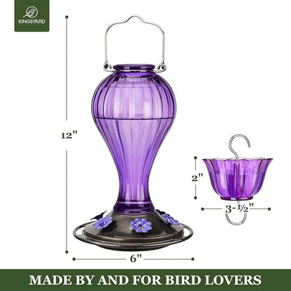 Kingsyard 2 Pack Glass Hummingbird Feeder 24 Ounces, 6 Feeding Ports, Hanging Bird Nectar Feeder for Outdoors Garden Yard Décor, Ant Moat Included, Purple