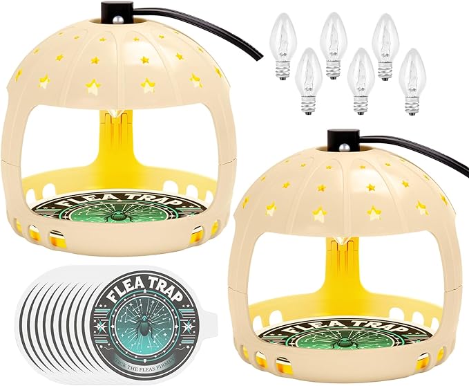 Flea Traps for Inside Your Home, 2025 Flea Treatment for Home, Electric Flea Killer for House Indoor, 2 Packs Flea Light Traps w/ E12 Bulbs & 10 Sticky Discs