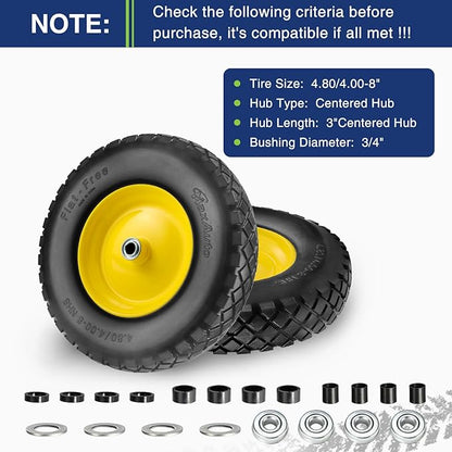 MaxAuto Wheelbarrow Tires 4.80 4.00-8 Flat-Free Tire and Wheel 16 Inch Solid Tires w/Grease Fitting, 3" Centered Hub, 3/4" Bearings, 4.80 4.00-8 Tire for Hand Truck Trolley Garden Cart Wagon, Yellow