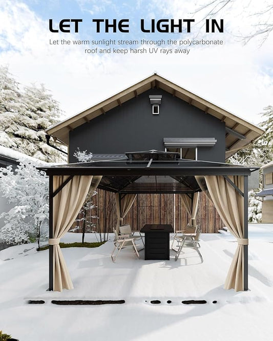 GAOMON Hardtop Gazebo 10'x13', with Double Polycarbonate Roof, Aluminum Alloy Frame, Net, and Curtain, Permanent Building of Backyard Luxury, for Patio, Deck, Backyard, Lawn, and Garden, Gray
