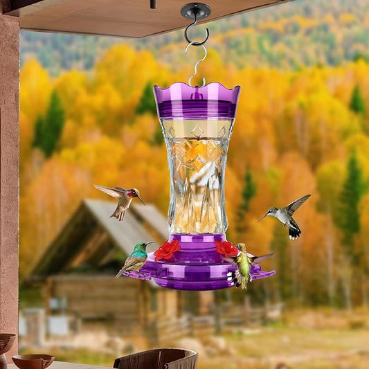 BOLITE Glass Hummingbird Feeders for Outdoors Hanging, Built-in Ant Moat, 4 Bee Guard Feeding Ports with Perches, Leak Proof, 15 Ounces, Stars Decor, Purple, Gifts for Women Men, Gifts for Mom Dad