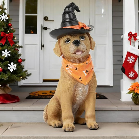 Halloween Decorations Indoor Dog Statue - Halloween Decor Figurine for Outdoor Indoor Mysterious Gothic Tabletop Puppy Sculpture Witch hat, Spooky Gifts Ghost Garden Decorations Rottweiler 5x7x13INCH