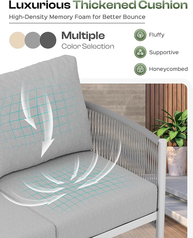 Aluminum Outdoor Patio Furniture Set, HDPE Rope 5 Piece Modern Sectional Conversation Sets with Dual-Layer Coffee Table, All Weather Patio Couch Sofa with Thick Cushions, Silver Frame, Silver
