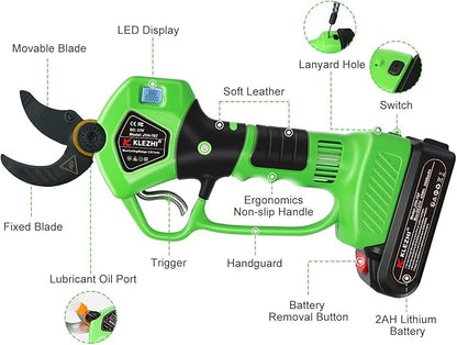 Cordless Electric Pruning Shears Battery Powered Tree Branch Pruner Cut Capacity of 40mm / 1.58inches, 2 x 2 Ah Lithium Rechargeable Battery 6-8 Working Hours Green