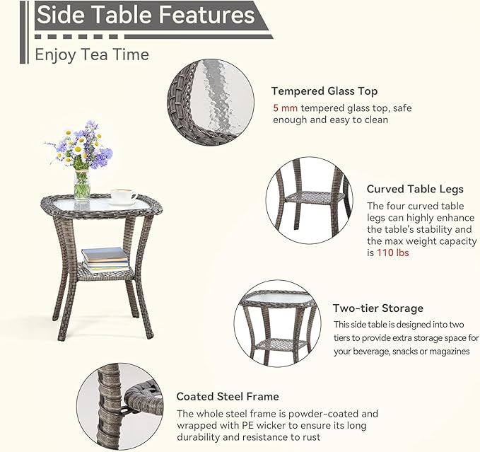 5 Piece Patio Furniture Wicker Conversation Set, 2 Swivel Chairs, 2 Ottomans with 1 Side Table, for Outdoors, Backyard, Deck, Beige