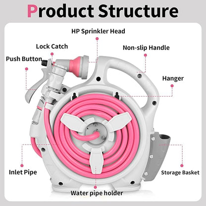 Kitness Mini Retractable Garden Hose Reel, Portable Simple Home 45+5 FT Hose Reel with 7 Adjustable Patterns Spray Nozzle&Standard Connector, Watering Hose Reel for Gardens Yards and lawns (Rose red)