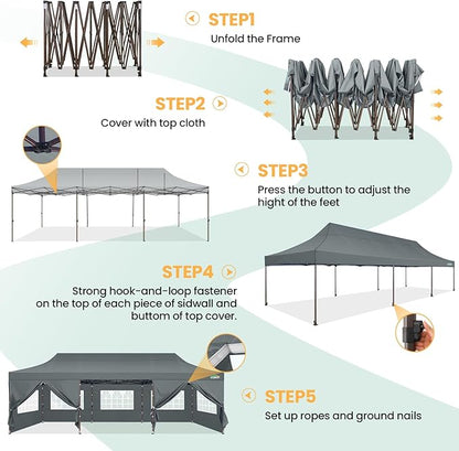 COBIZI 10x30 Heavy Duty Pop Up Canopy with 8 Sidewalls and Hexagonal Legs, Easy up Tent for Parties, Wedding and Commercial, Outdoor Canopy with Carry Bag, Sand Bags, Waterproof & UPF50+ (Gray)