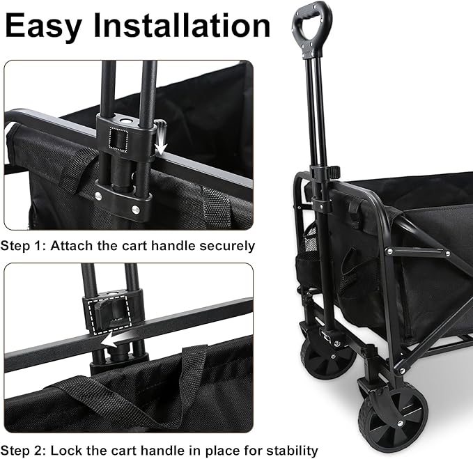 Heavy-Duty Collapsible Wagon Cart with Wheels, Lightweight Foldable Utility Cart with Adjustable Handle for Outdoor Use – Ideal for Grocery Shopping, Camping, Sports, Fishing, and More (Black)