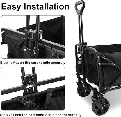 Heavy-Duty Collapsible Wagon Cart with Wheels, Lightweight Foldable Utility Cart with Adjustable Handle for Outdoor Use – Ideal for Grocery Shopping, Camping, Sports, Fishing, and More (Black)