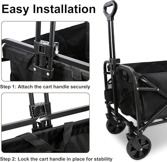 Heavy-Duty Collapsible Wagon Cart with Wheels, Lightweight Foldable Utility Cart with Adjustable Handle for Outdoor Use – Ideal for Grocery Shopping, Camping, Sports, Fishing, and More (Black)
