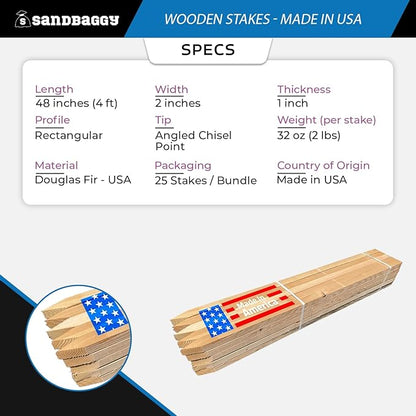 Sandbaggy 48" Wooden Grading Stakes - Heavy Duty for Construction, Gardening, Surveying, Concrete Forms - Chisel Point, Douglas Fir Wood - Made in The USA (50 Stakes)