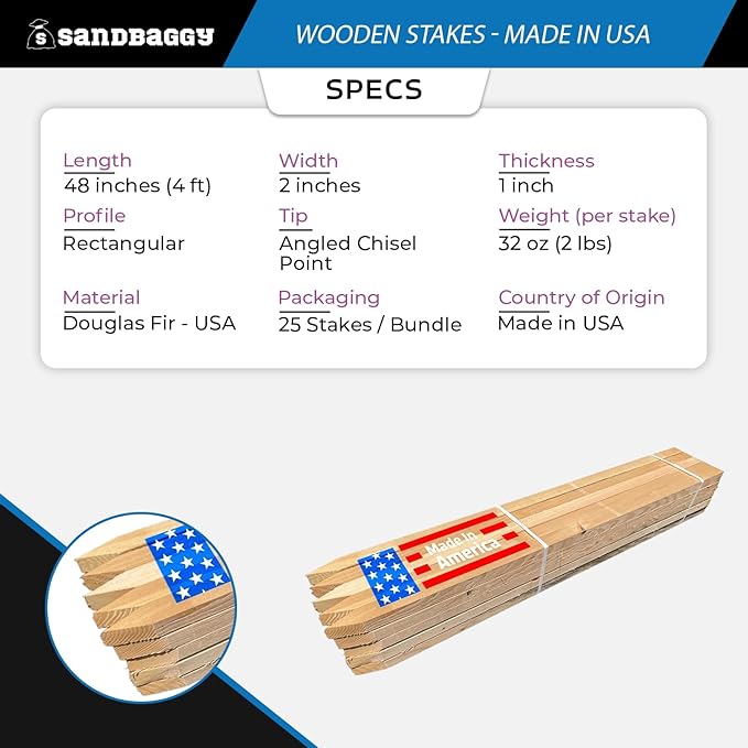 Sandbaggy 48" Wooden Grading Stakes - Heavy Duty for Construction, Gardening, Surveying, Concrete Forms - Chisel Point, Douglas Fir Wood - Made in The USA (25 Stakes)