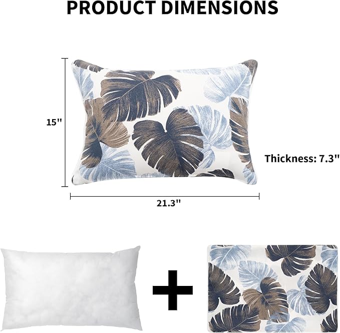 2 Pack Outdoor Throw Pillows 21x15 Inch Water-Resistant Decorative Pillow Cushions with Insert for Patio Garden Porch, Blue Leaves
