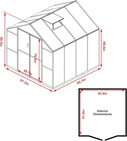 BlueWish 8x8FT Greenhouse for Outdoors, Greenhouses with Adjustable Vents, Lockable Door, Outdoor Aluminum Greenhouse Kit with Polycarbonate Panel, Walk-in Green House for Garden, Backyard, Gray
