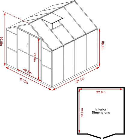 8x8 FT Outdoor Greenhouse Kit, Polycarbonate Aluminum Walk-in Greenhouse with Adjustable Roof Vent and Lockable Door, Backyard Garden in Winter, Gray
