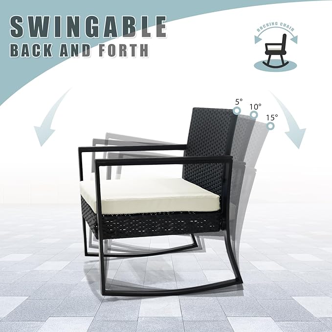 3 Pieces Outdoor Patio Set -Wicker Rattan Chair Conversation Set with Glass Table for Poolside Yard Rocking Chair Set for Bistro Garden Front Porch All Weather Patio Furniture Set
