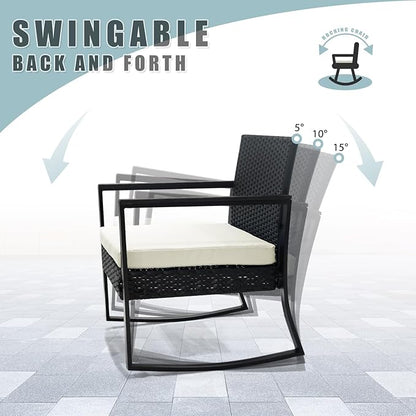 3 Pieces Outdoor Patio Set -Wicker Rattan Chair Conversation Set with Glass Table for Poolside Yard Rocking Chair Set for Bistro Garden Front Porch All Weather Patio Furniture Set