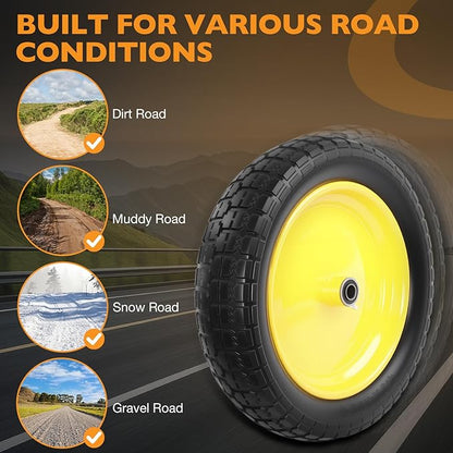 HQPASFY 2 Pack 16" Flat Free Tire 4.80/4.00-8 Wheelbarrow Tire and Wheel, 3" Centered Hub, 5/8" & 3/4" Bearings Replacement for Wheelbarrows, Garden Carts, Dump Carts, Lawn Equipment