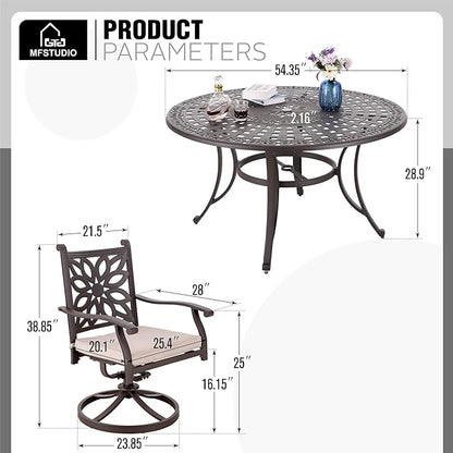 MFSTUDIO Retro Cast Aluminum Patio Dining Set with 6 Swivel & Rock Chair and 1 54" Round Outdoor Dining Table, Outdoor Table and Chairs Set of 6
