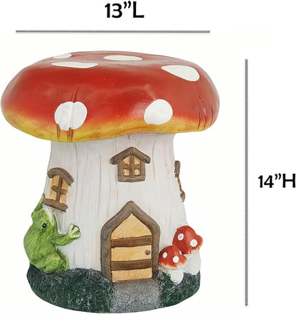 14''H Mushroom House Statue Outdoor Statues Garden Resin Stool Over Sized Sculpture Fairy Forest Pedestal Spring Decor for Home Courtyard Lawn Patio Summer Ornament Indoor Stool