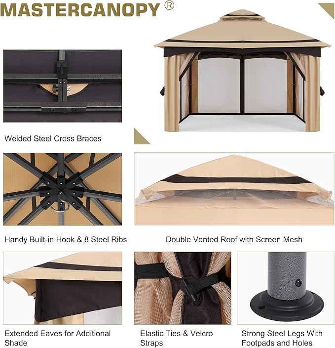 MASTERCANOPY 10x12FT Outdoor Patio Gazebo with Mosquito Netting for Backyard, Patio, Garden Beige