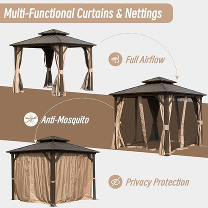 Domi 8' x 8' Hardtop Gazebo Permanent Metal Gazebo with Galvanized Steel Double Roof, Curtains and Netting for Party, Wedding, Outdoor Dining, Patio, Backyard, Brown
