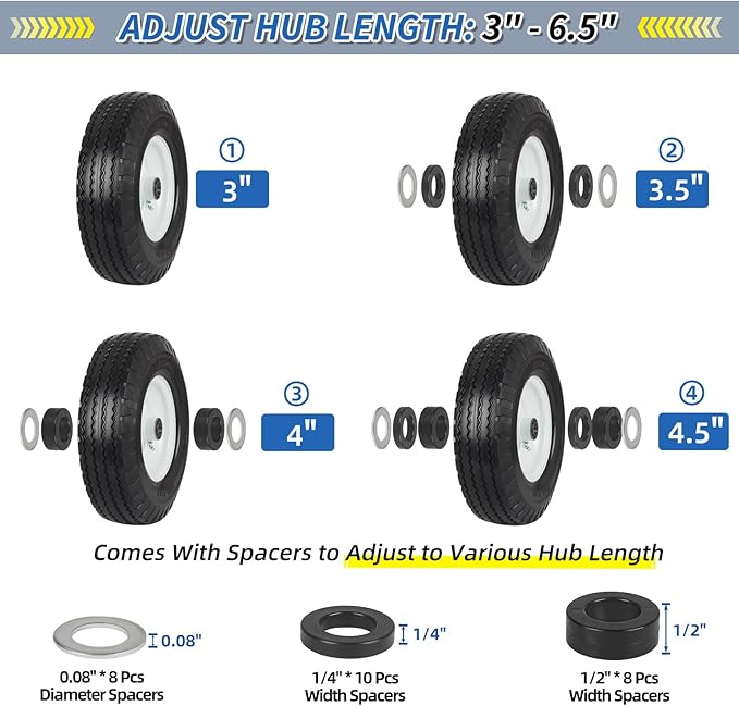 4.10/3.50-6 Flat Free Tire and Wheel, with 3"-3.5''-4.0''-4.5'' Centered Hub, and 3/4" & 5/8" Bearings, Replacement for Wheelbarrow, Hand Truck/All Purpose Utility Tire on Wheel, (2 Pack)