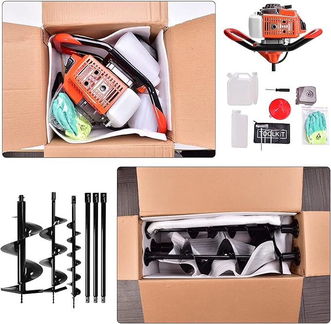 72CC Post Hole Digger,2-Stroke Auger Post Hole Digger Gas Powered Earth Digging Engine with 3 Auger Drill Bits (4"& 8" &12")+3 Extension Rods for Farm Garden Plant