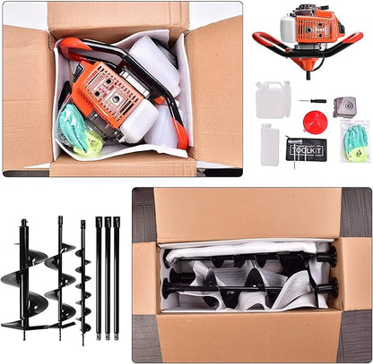 72CC Post Hole Digger,2-Stroke Auger Post Hole Digger Gas Powered Earth Digging Engine with 3 Auger Drill Bits (4"& 8" &12")+3 Extension Rods for Farm Garden Plant