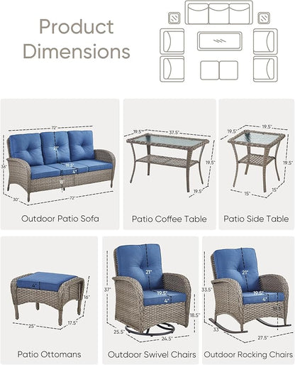 Patio Furniture-All Weather Wicker Patio Conversation Sets with Swivel Patio Chairs High Back Outdoor Couch with Swivel Rocking Chairs Outdoor Furniture for Deck Lawn Porch Balcony Poolside-Grey/Blue