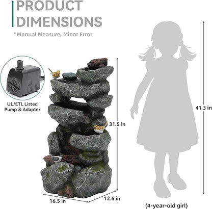 31.5" H Multi-Tier Rock Outdoor Water Fountain with LED Lights and Pump, Garden Fountain Waterfall for Patio, Porch, or Yard
