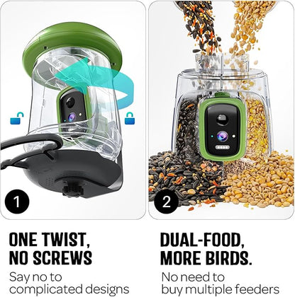 LONA Smart Bird Feeder with Camera, Dual-Lens, Solar-Powered, Wireless Birdwatching, Permanent AI Identify 10000+ Bird Species & Motion Detection, Gift Present