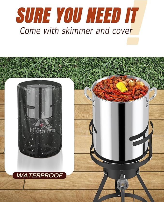 Outdoor Turkey Fryer Set 30QT | Stainless Steel Pot with 15QT Basket | Lid & Lifting Hook & Thermometer | 50,000BTU Propane Gas Burner | For Turkey, Crawfish, Crab, Shrimp & Lobster