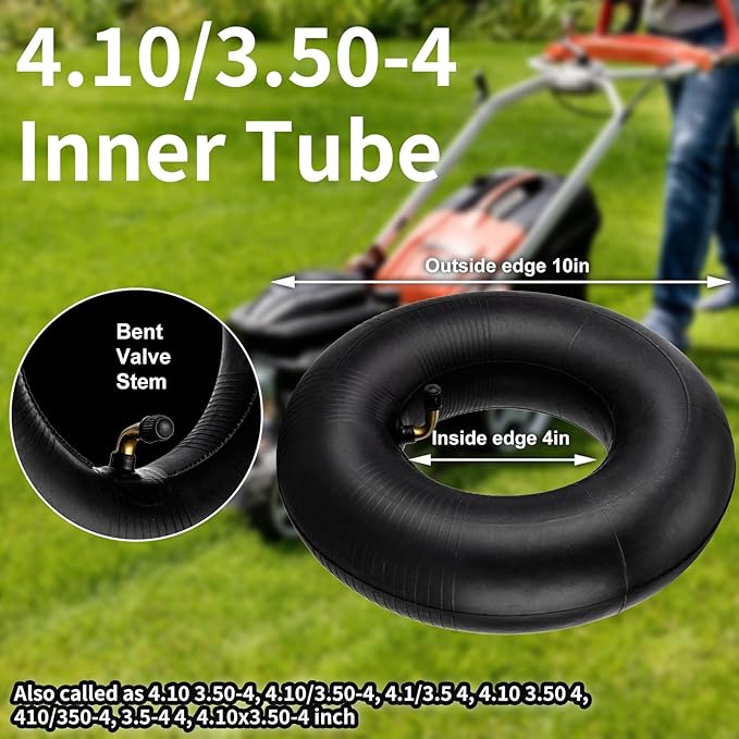 4.10/3.50-4" Inner Tubes, 2 Pack Heavy Duty 4.10 3.50-4/410/350-4 Replacement Tire Inner Tube with Bent Valve Stem for Wheelbarrow, Lawn Mower, Hand Truck, 4" Cart, Tractor, Dolly, Trailer, etc