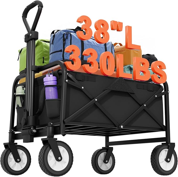 PayLessHere 38" Collapsible Wagon Folding Foldable Garden Cart with Large Capacity, 330 LBS Capacity Portable Utility Wagon Cart Heavy Duty for Beach Camping Shopping Garden,Black