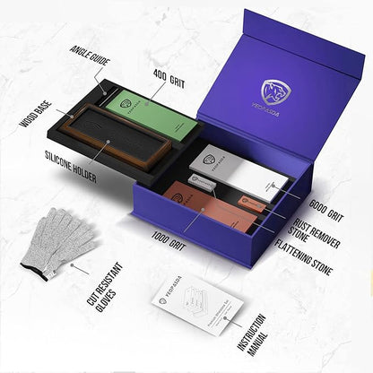 Extra Large Knife Sharpening Stone Kit - YeopAsda Thickered 3 Side Grit 400/1000/6000 Xl Wet Stone - Whetstone Knife Sharpener with Non-Slip Wood Base, Angle Guide, Cut Resistant Gloves
