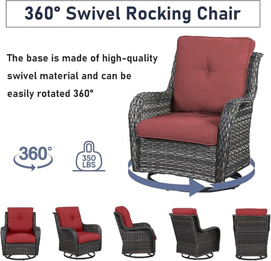 Luxury Wicker Swivel Patio Chairs Set of 3, Outdoor Swivel Rocking Chairs with Side Table, Outdoor Bistro Set for Patio, Porch, Yard, Deck, Poolside, Grey/Red