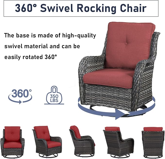 6 Pieces Patio Furniture Set with Fire Pit Table, Wicker Rattan Outdoor Furniture Set with Loveseat and Swivel Chairs for Yard, Deck, Garden, Grey Wicker/Red Cushion