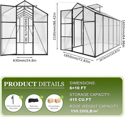 7.2FT High 6*10.2FT Greenhouse for Outdoors,Polycarbonate Greenhouse with Stronger Wind Protection and Roof Vent,Walk-in Large Aluminum Sunroom Winter Proof,Black