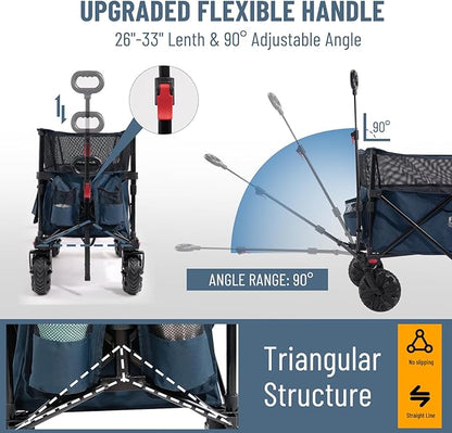 TIMBER RIDGE Foldable Wagon 350L Extendable Height, Large Capasity Collapsible Wagon Cart with All Terrians Detachable Wheels, Compact Folding Utility Wagon for Camping, Fishing, Shopping Navy