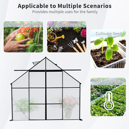 Favfurish 8X8 FT Greenhouses for Outdoors,Polycarbonate Greenhouse, Aluminum Heavy Duty Walk-in Green Houses, Adjustable Roof, Raised Base and Double Sliding Door for Outside Backyard, Black
