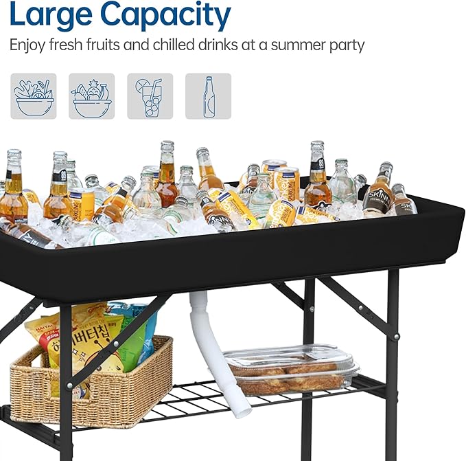 Outdoor Ice Cooler Folding Table, Portable Cooler Table with Removable Matching Skirt, Chill Table for Party BBQ Camping Wedding Black