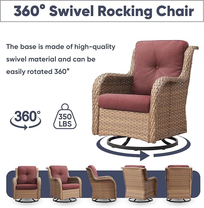 Patio Furniture Set with Swivel Chairs, 5 Pieces Outdoor Wicker Furniture Set with Patio Swivel Rocker Chairs for Patio, Yard, Deck, Porch, Poolside